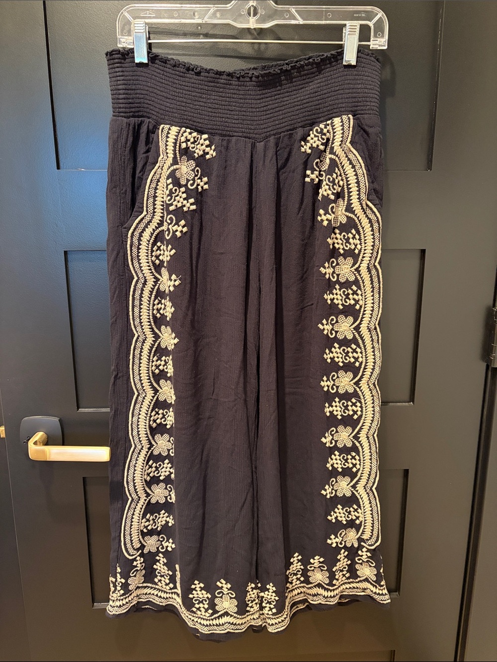 Sundance Black Wide-Leg Pants with Cream Embroidered Trim